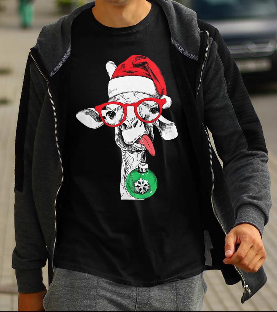 Santa Hat Giraffe Red Glasses Christmas T-Shirt