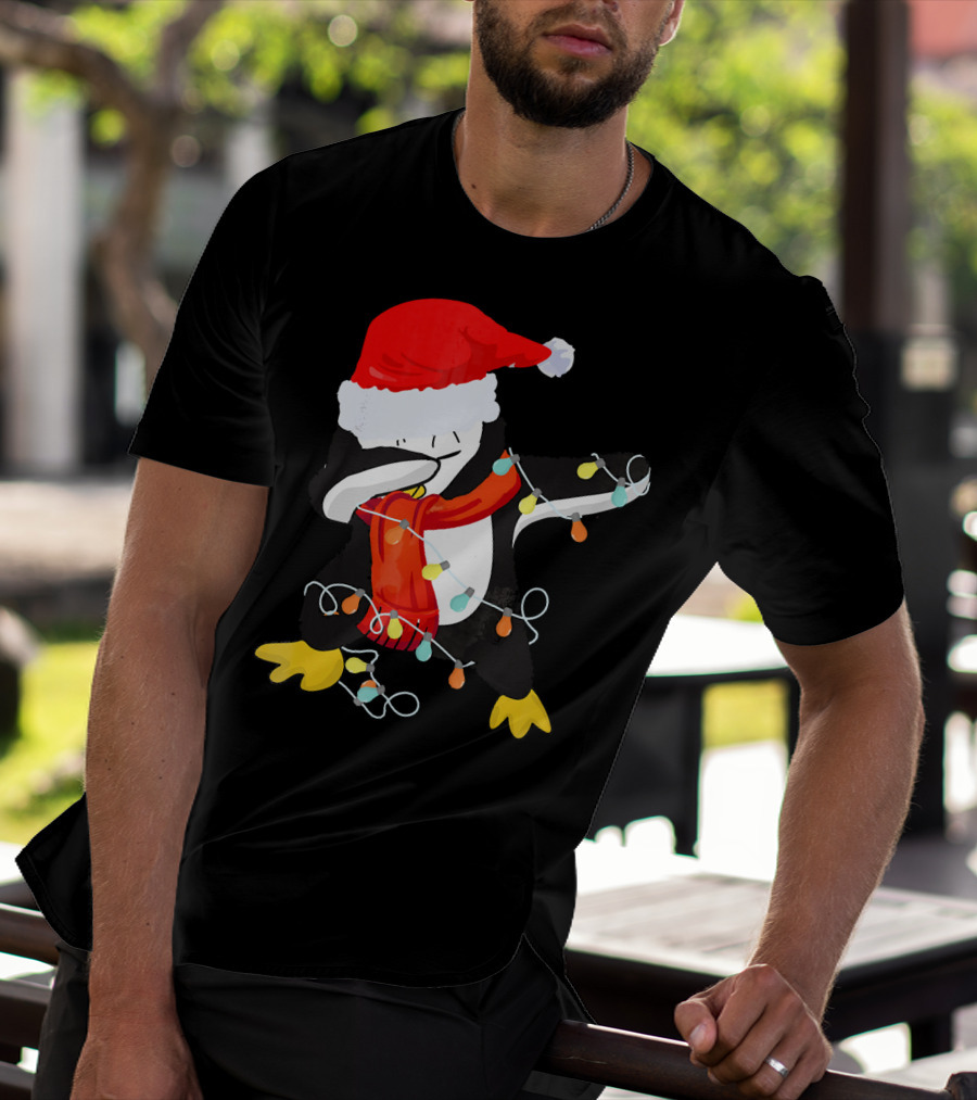 Dabbing Penguin Santa Christmas Lights T-Shirt