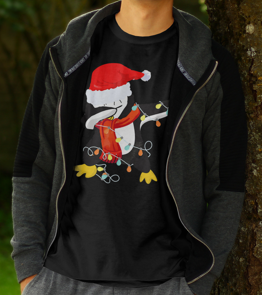 Dabbing Penguin Santa Christmas Lights T-Shirt