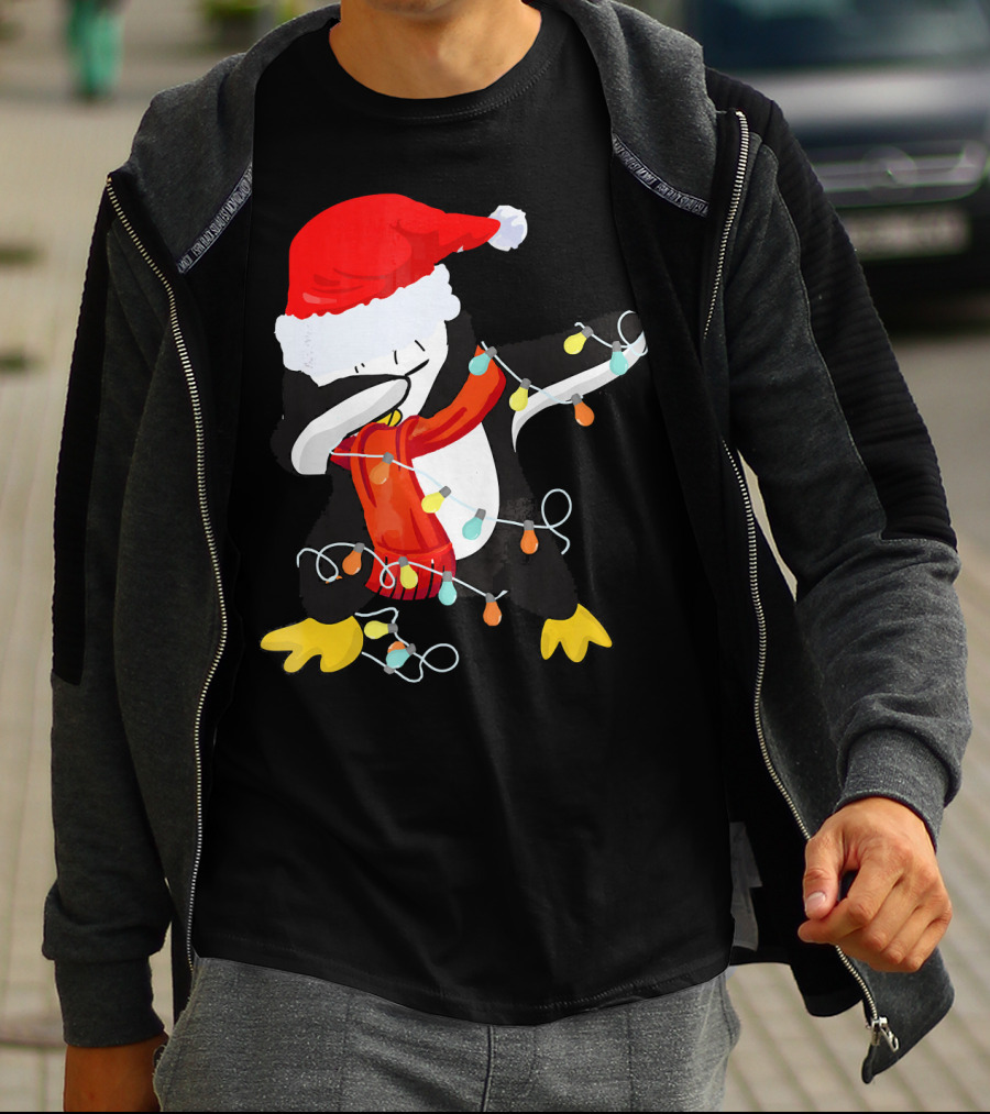 Dabbing Penguin Santa Christmas Lights T-Shirt