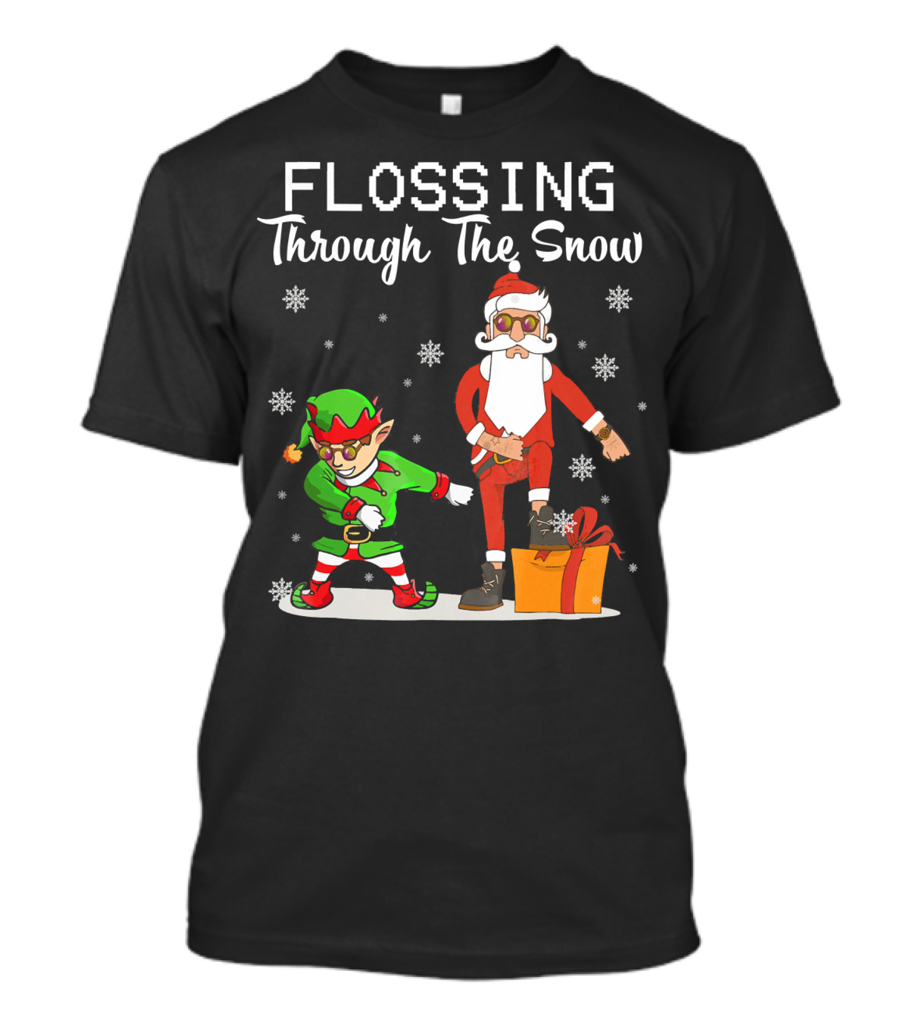 Flossing Through The Snow Santa And Elf Dancing With Gifts And Snowflakes T-Shirt