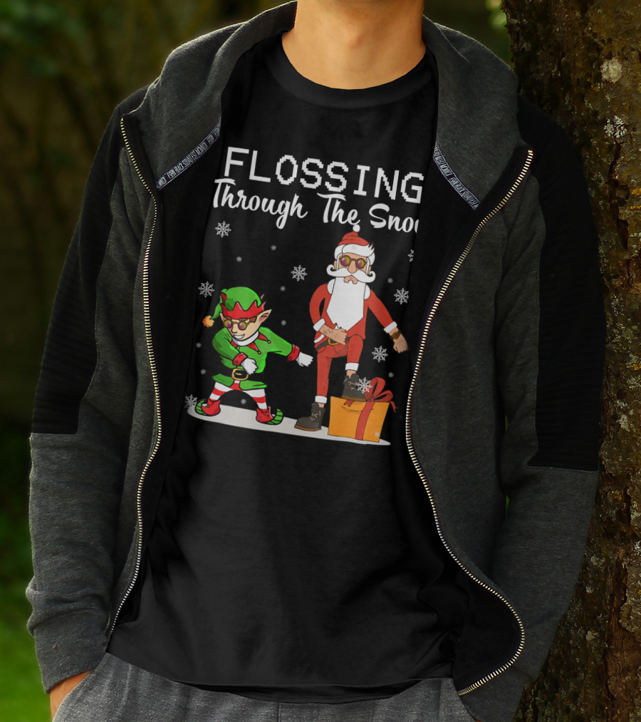 Flossing Through The Snow Santa And Elf Dancing With Gifts And Snowflakes T-Shirt