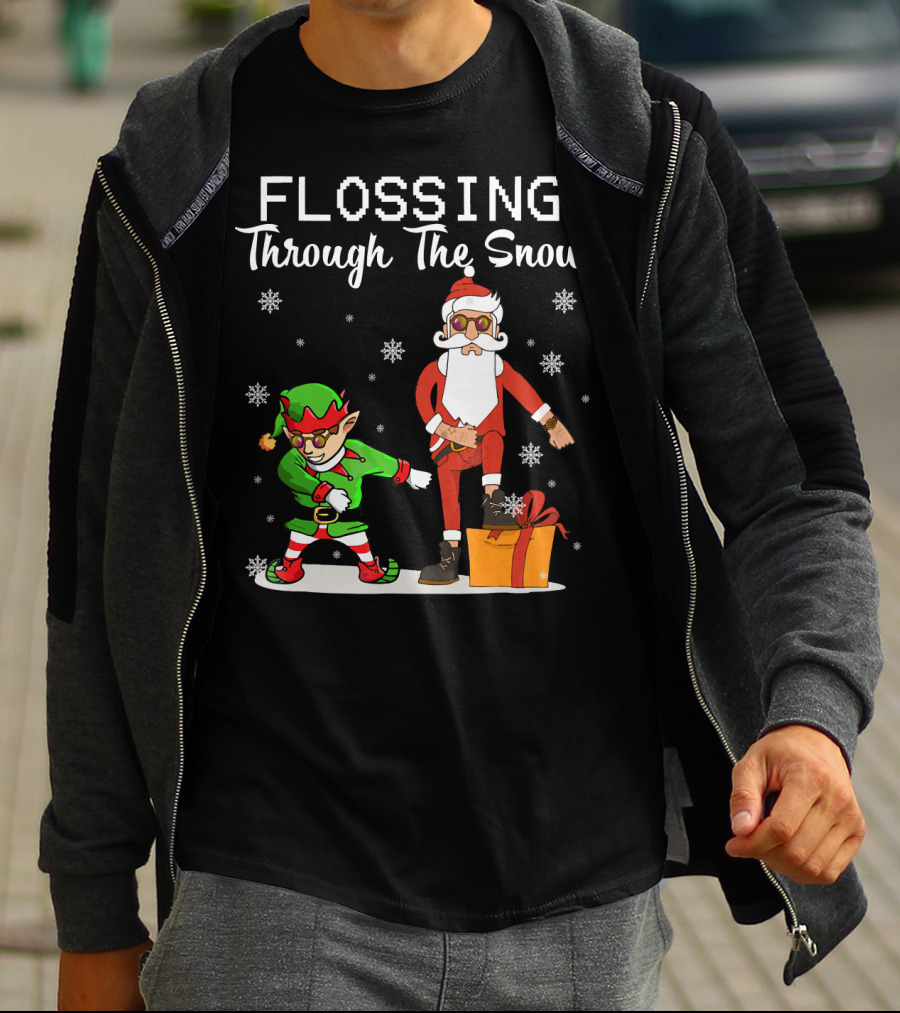Flossing Through The Snow Santa And Elf Dancing With Gifts And Snowflakes T-Shirt
