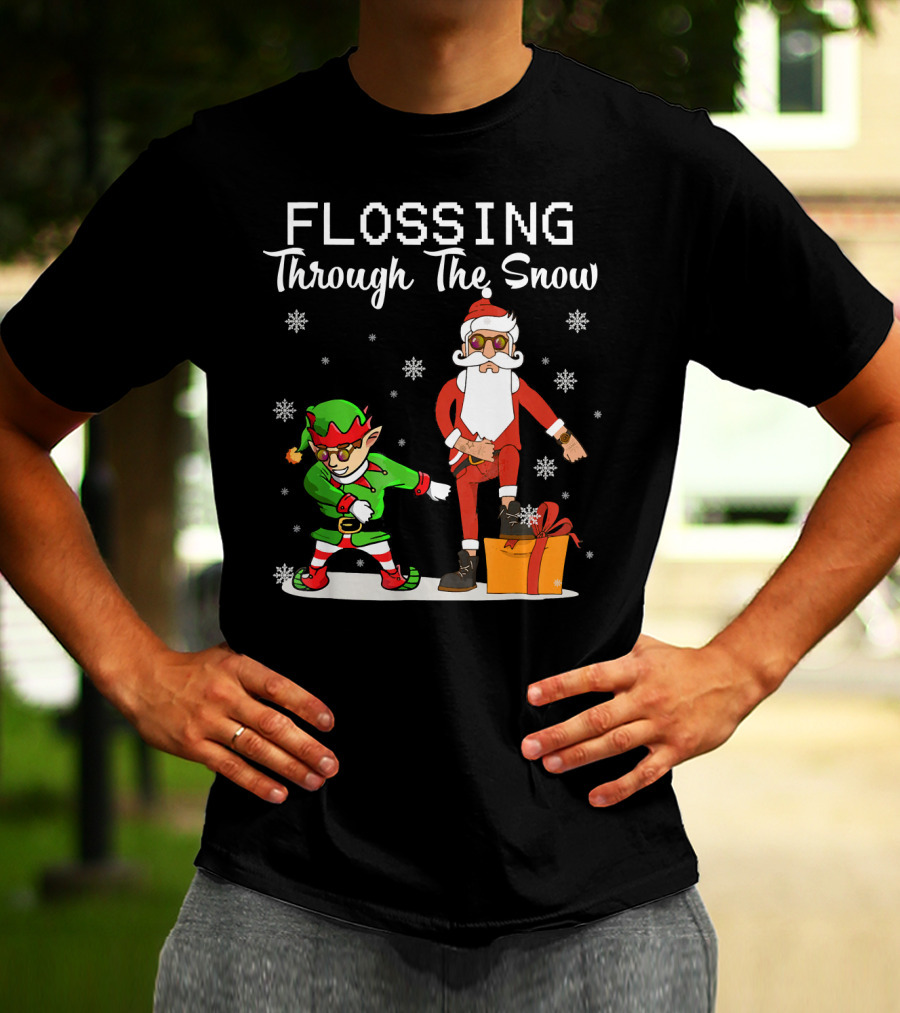 Flossing Through The Snow Santa And Elf Dancing With Gifts And Snowflakes T-Shirt