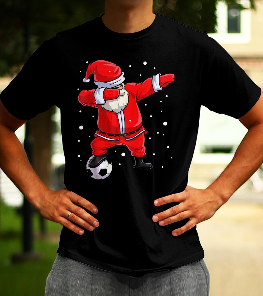 Santa Claus Dabbing On Soccer Ball Snowflakes Holiday T-Shirt