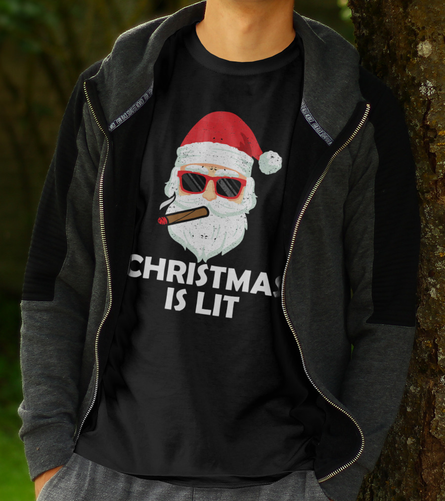 Christmas Is Lit Santa With Sunglasses And Cigar T-Shirt