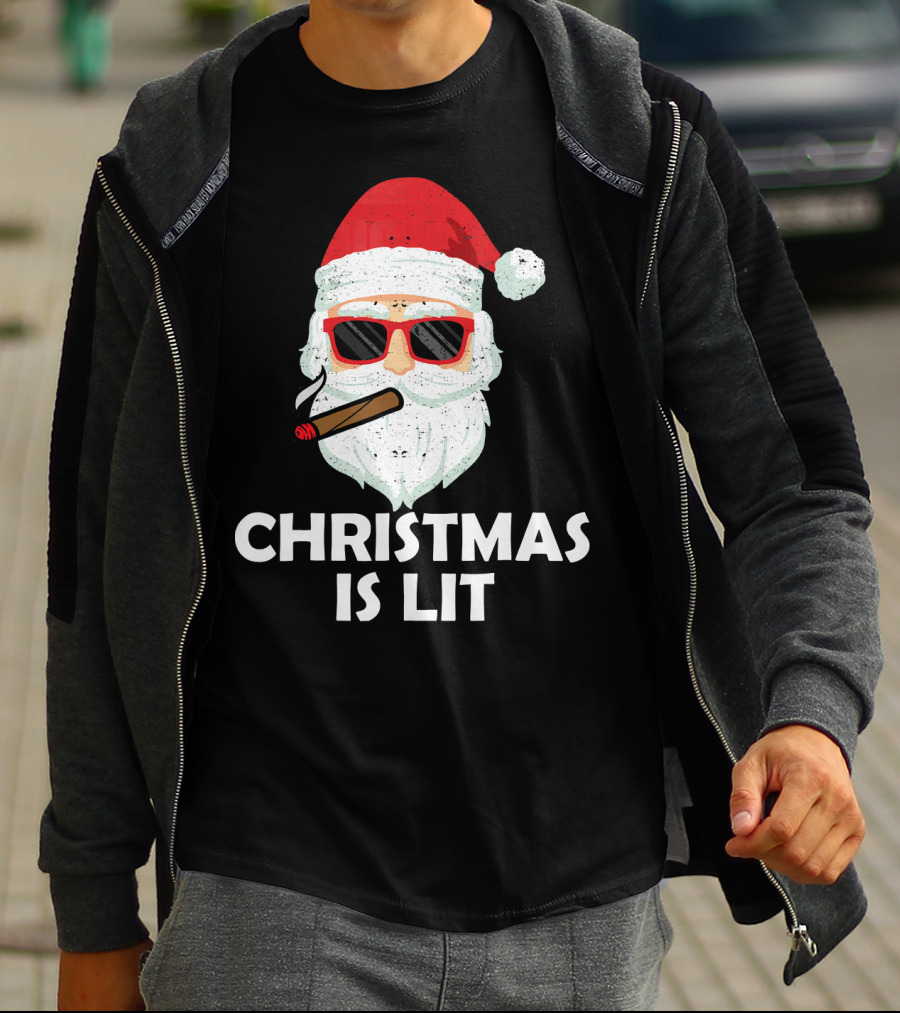 Christmas Is Lit Santa With Sunglasses And Cigar T-Shirt