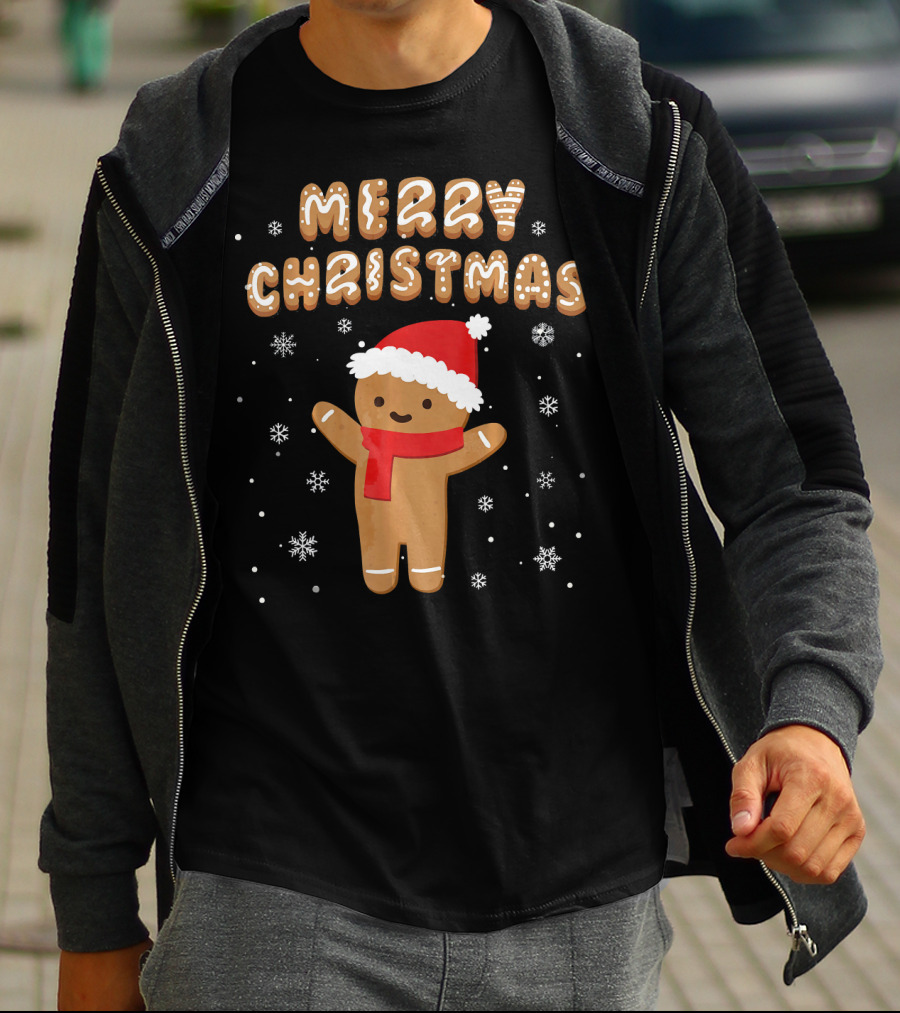 Merry Christmas Gingerbread Santa Hat Snowflakes T-Shirt