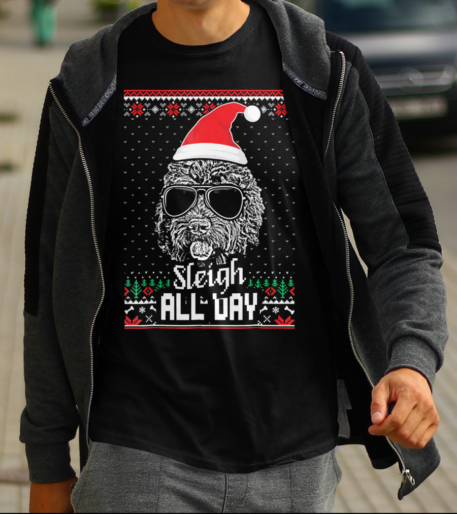 Sleigh All Day Christmas Labradoodle With Santa Hat And Sunglasses T-Shirt