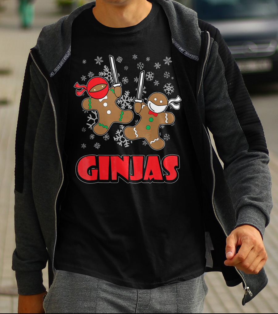 Gingerbread Man Ninjas Christmas In July Snowflakes T-Shirt