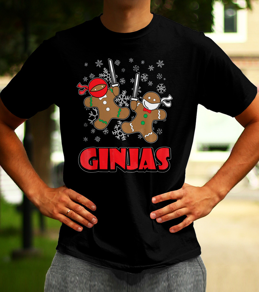 Gingerbread Man Ninjas Christmas In July Snowflakes T-Shirt
