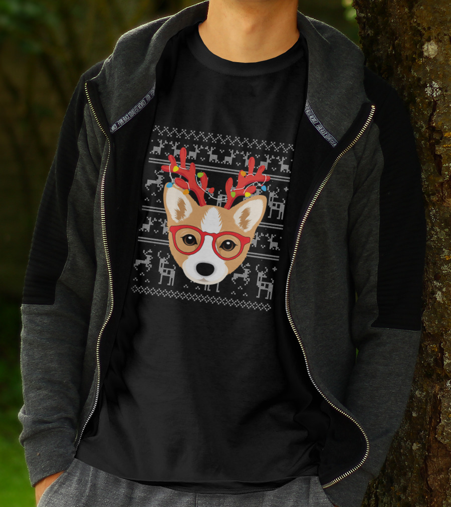 Corgi Puppy Dog With Xmas Antlers And Glasses Holiday T-Shirt