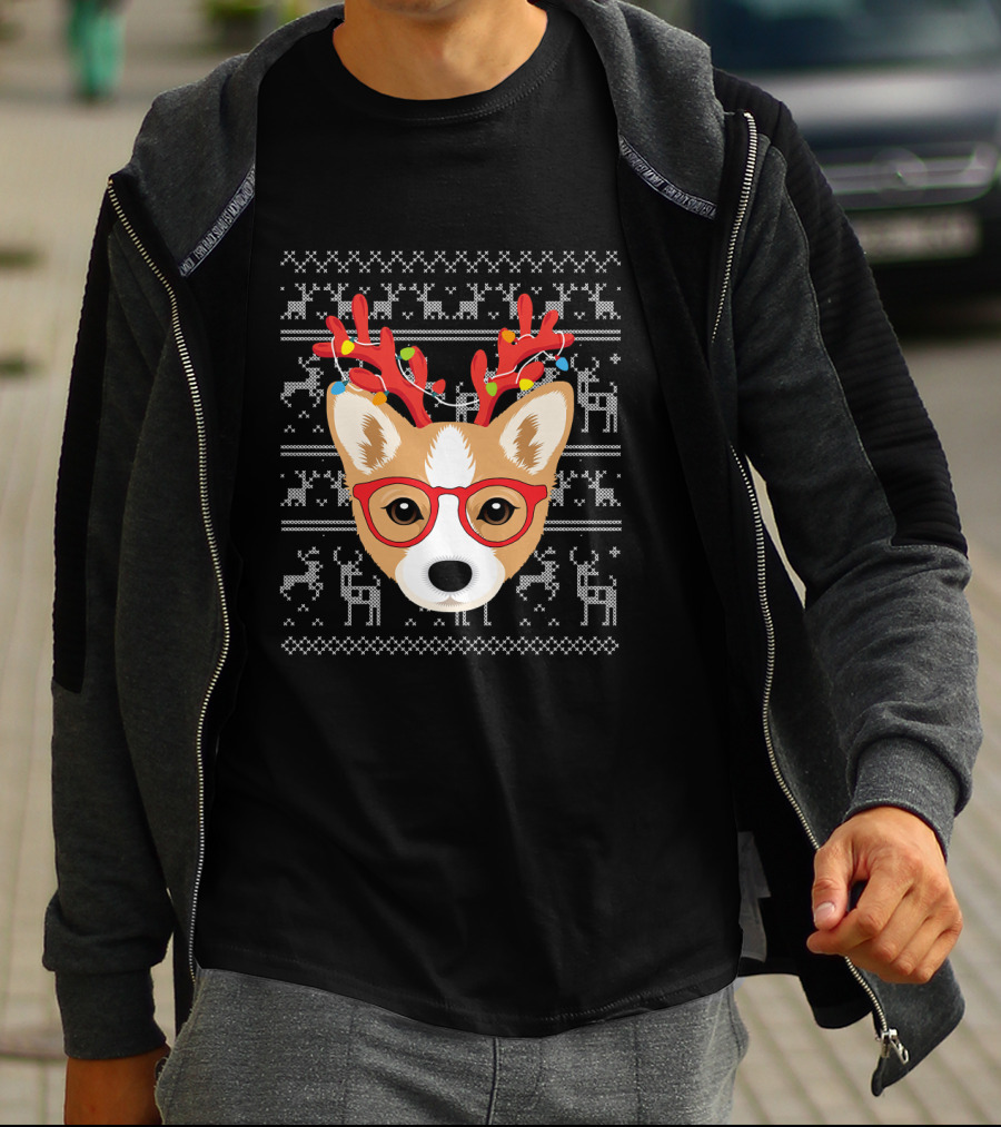 Corgi Puppy Dog With Xmas Antlers And Glasses Holiday T-Shirt
