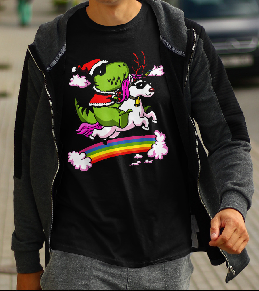 T Rex Dinosaur Santa Riding Unicorn Rainbow Cloud Adventure T-Shirt