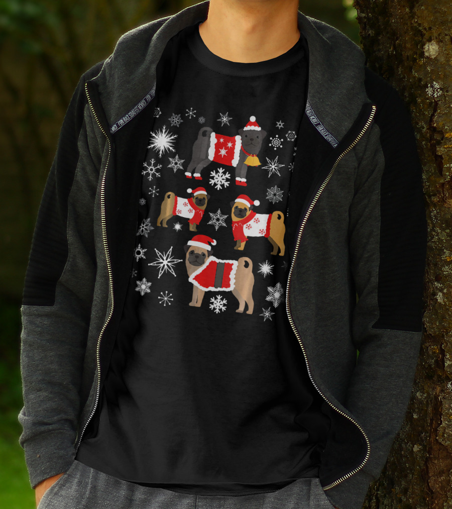 Pug Christmas Snowflakes Sweaters Santa Hats Holiday T-Shirt