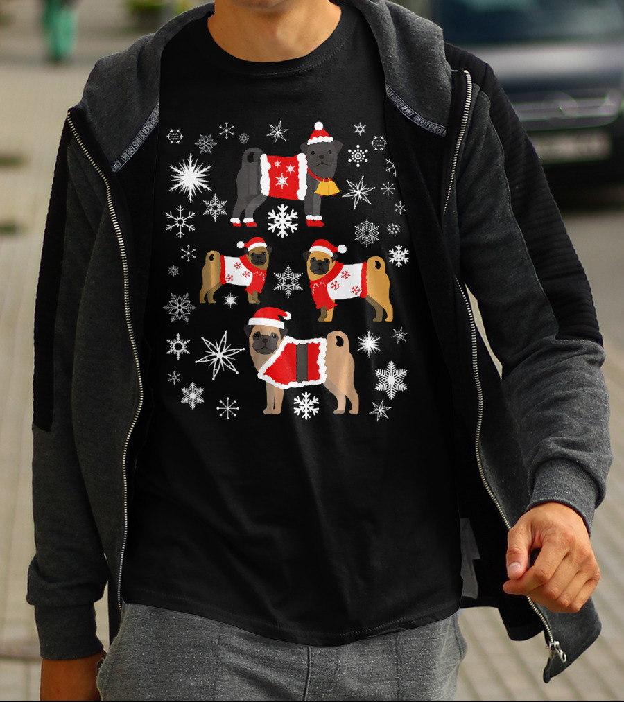Pug Christmas Snowflakes Sweaters Santa Hats Holiday T-Shirt