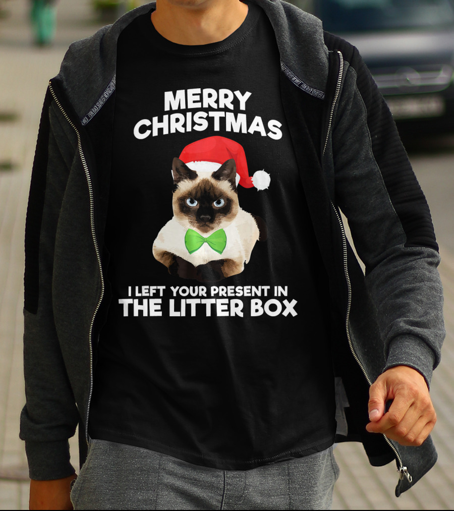 Merry Christmas I Left Your Present In The Litter Box Cat Santa Hat Bow Tie T-Shirt