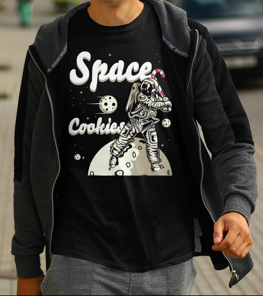 Space Cookies Xmas Weed Astronaut With Candy Cane On Moon T-Shirt
