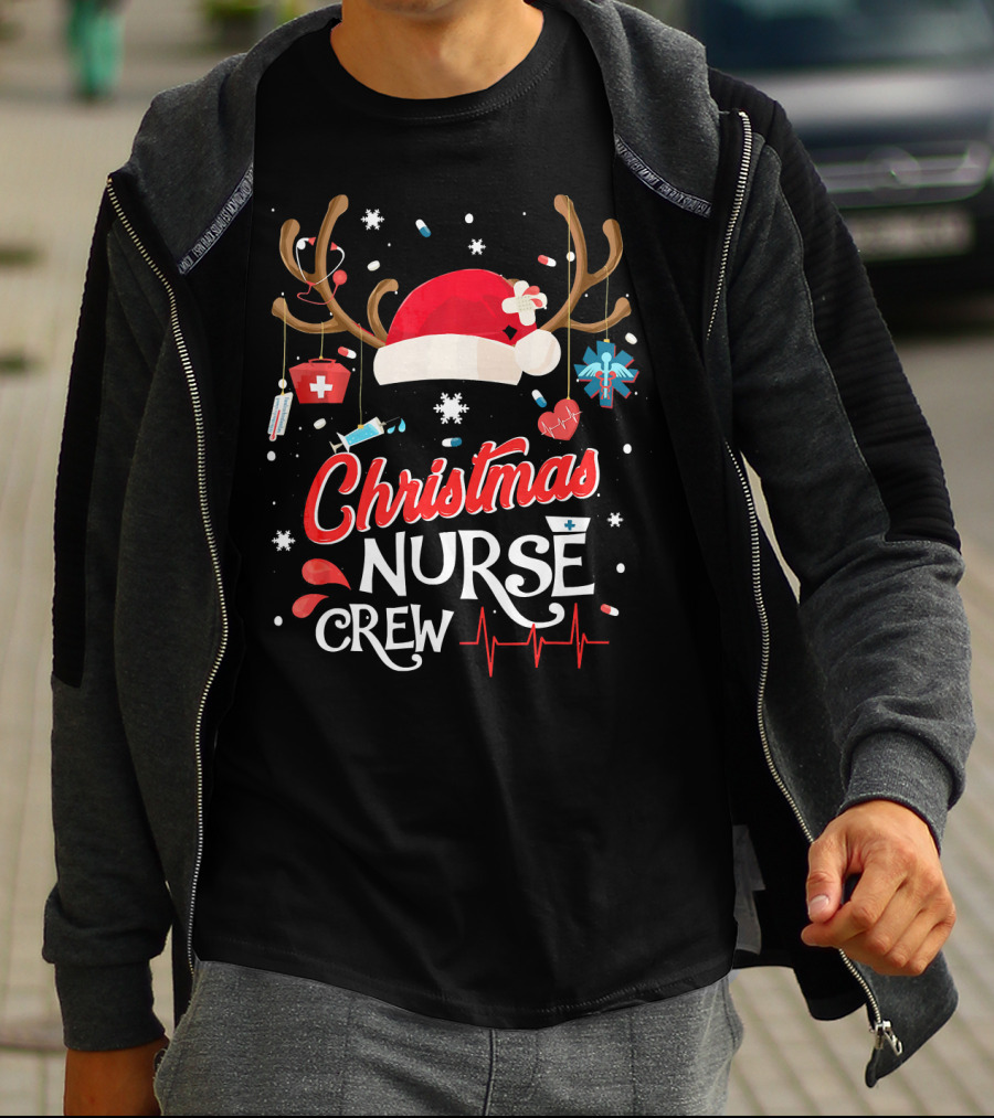 Christmas Nurse Crew Antlers Santa Hat Medical Elements T-Shirt