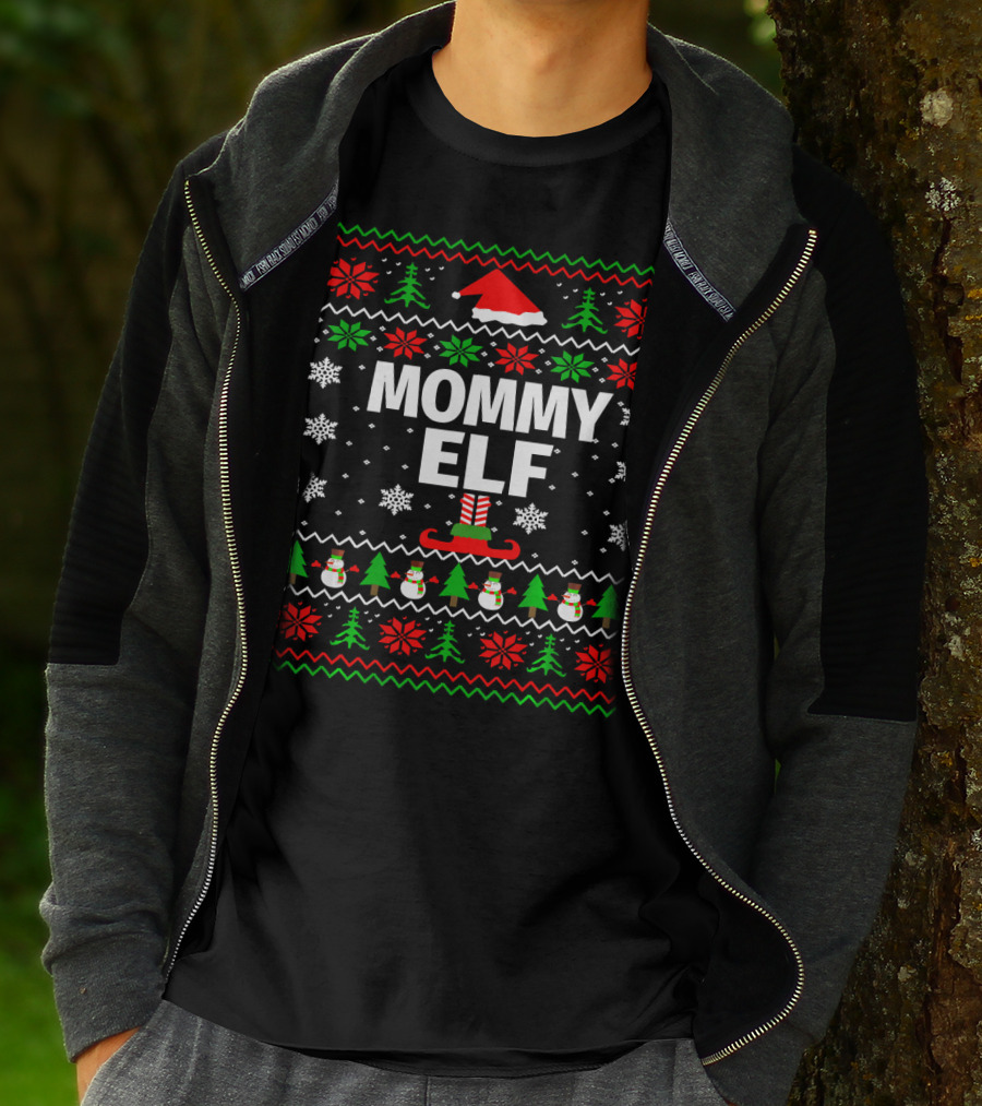 Mommy ELF Christmas Sweater Ugly Season Family Holiday Snowflakes Trees T-Shirt