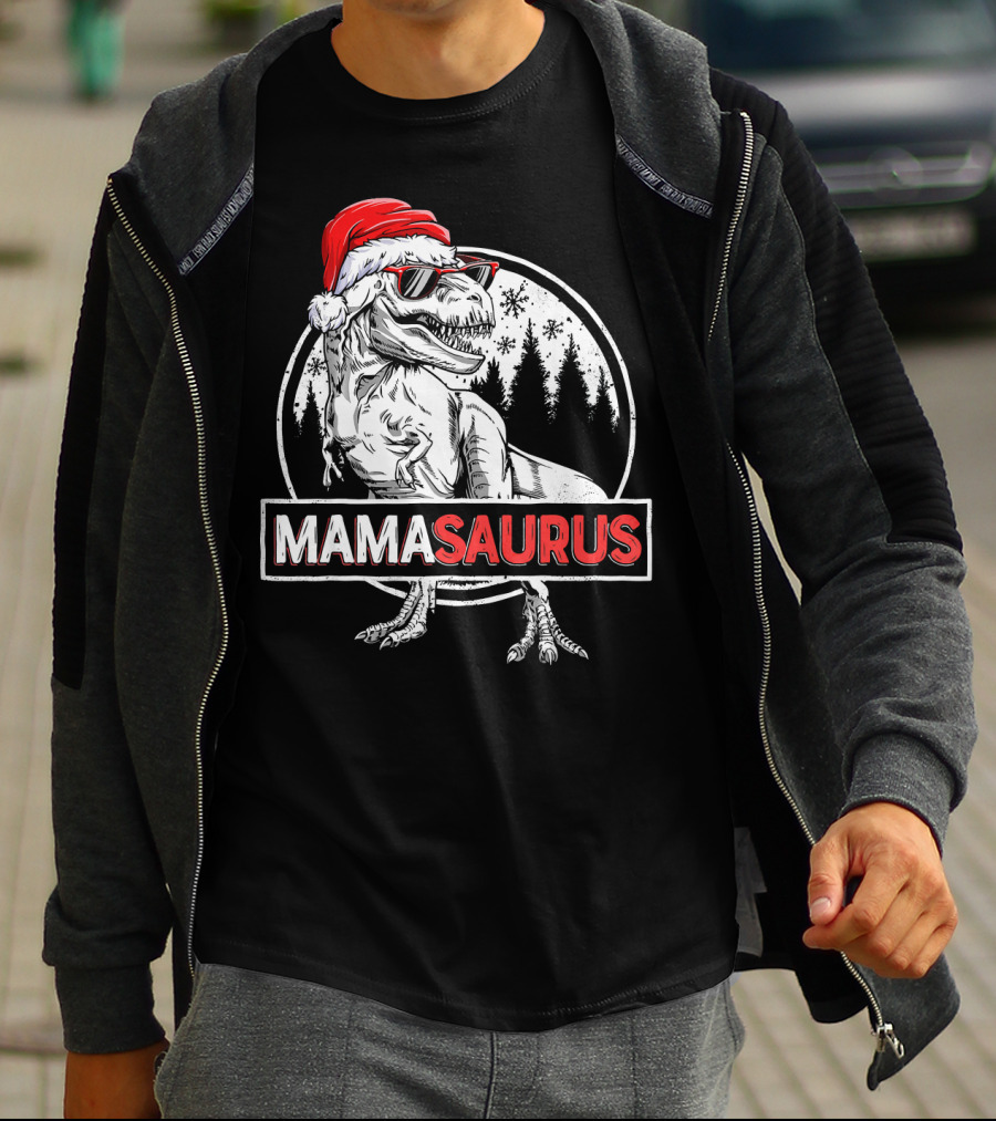 Mamasaurus Dinosaur Christmas Santa Hat Sunglasses T-Shirt