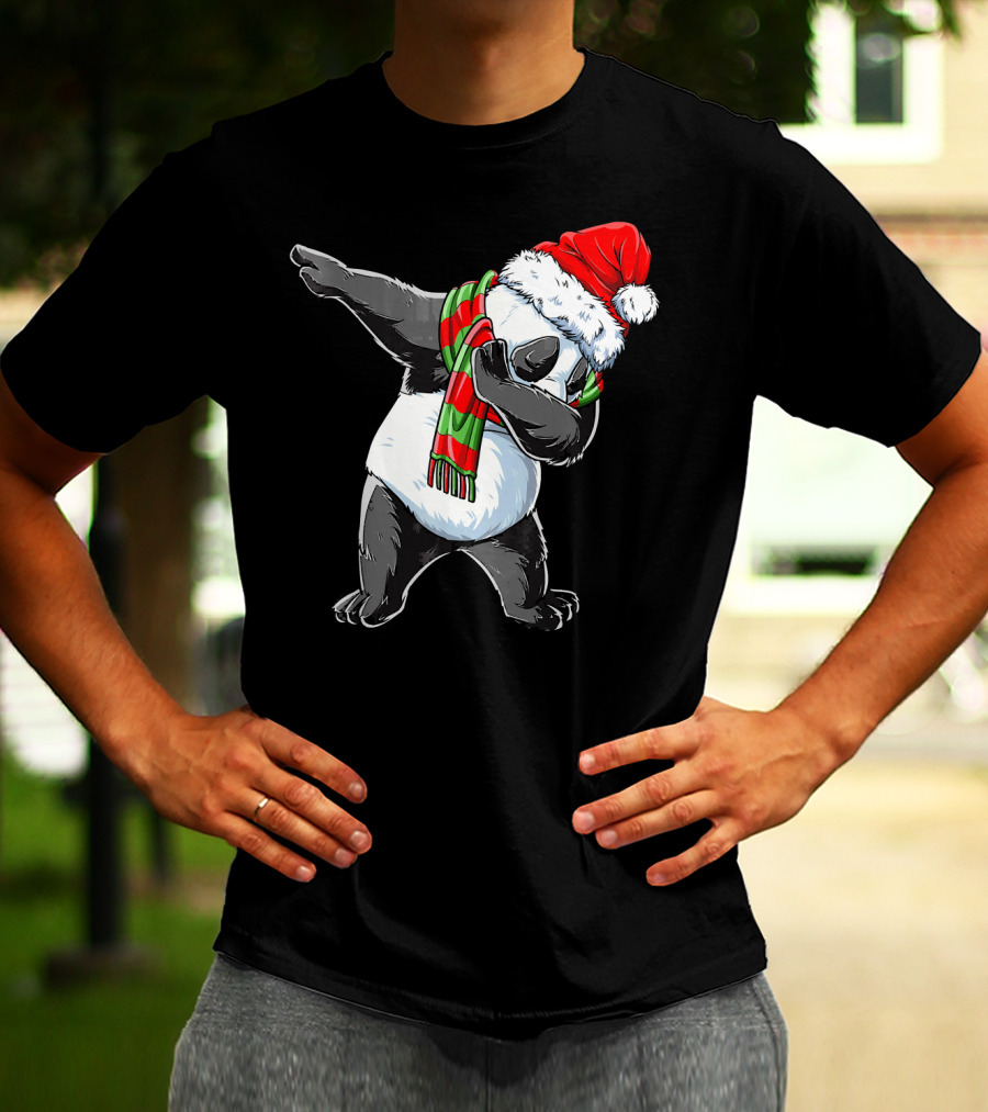 Panda Dabbing Santa Hat Red Green Scarf T-Shirt
