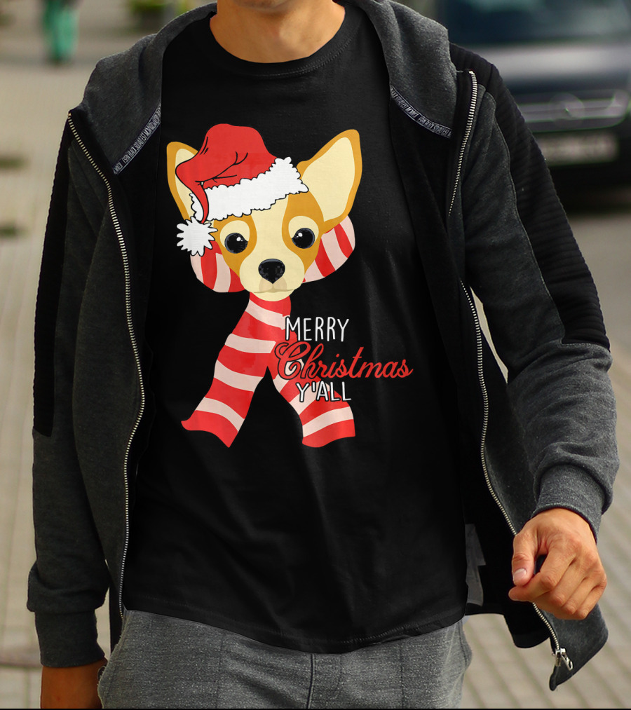 Merry Christmas Y'all Chihuahua Dog With Santa Hat And Scarf T-Shirt