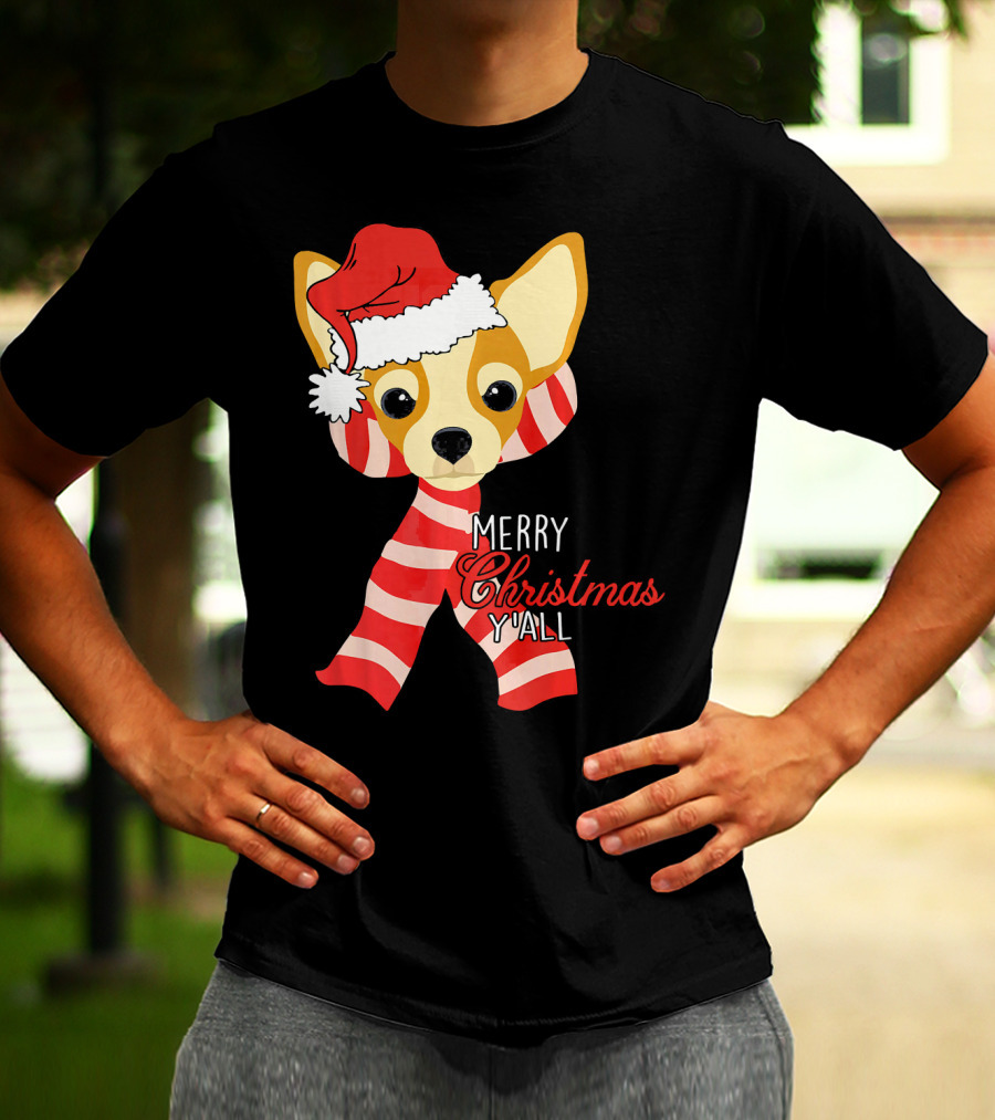 Merry Christmas Y'all Chihuahua Dog With Santa Hat And Scarf T-Shirt