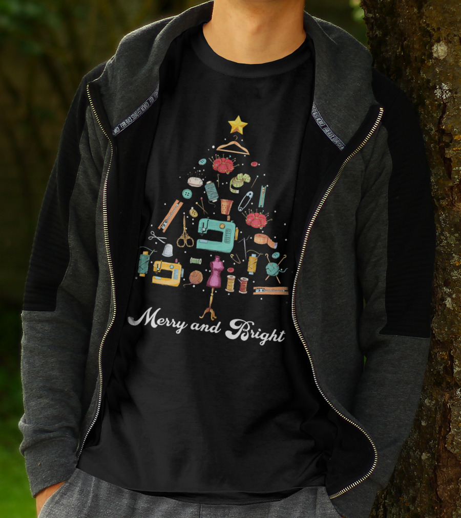 Merry And Bright Christmas Tree Sewing Yarn Quilting Tools T-Shirt