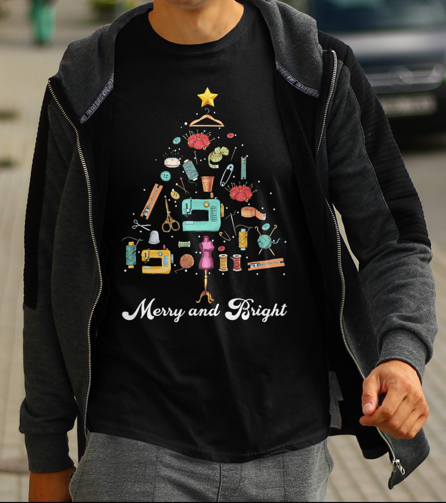 Merry And Bright Christmas Tree Sewing Yarn Quilting Tools T-Shirt