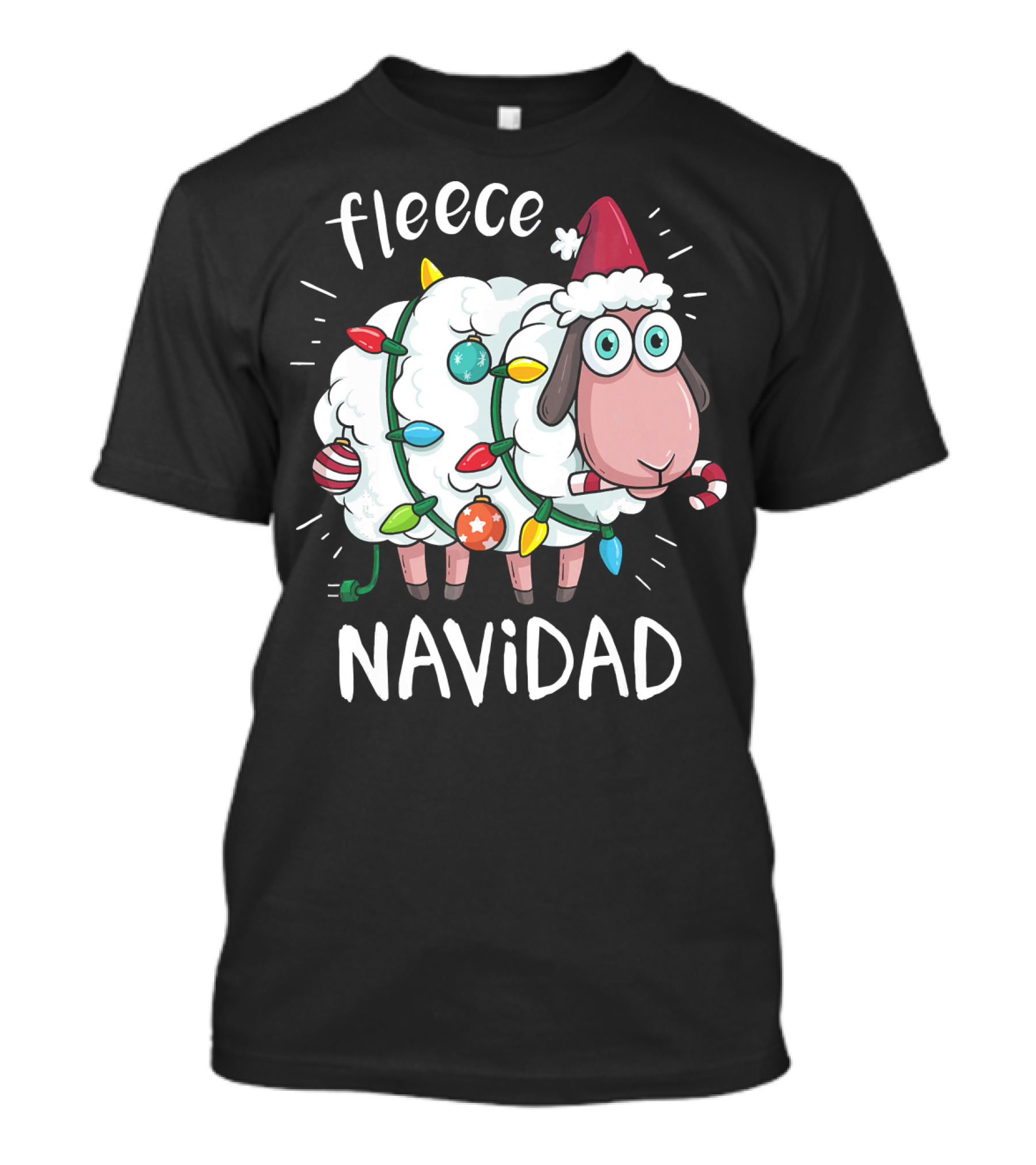 Fleece Navidad Funny Cute Sheep With Christmas Lights And Santa Hat T-Shirt
