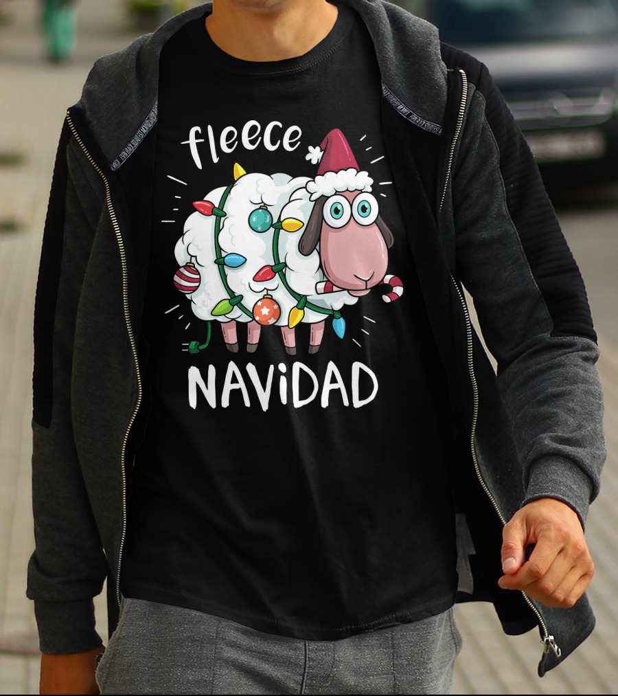 Fleece Navidad Funny Cute Sheep With Christmas Lights And Santa Hat T-Shirt