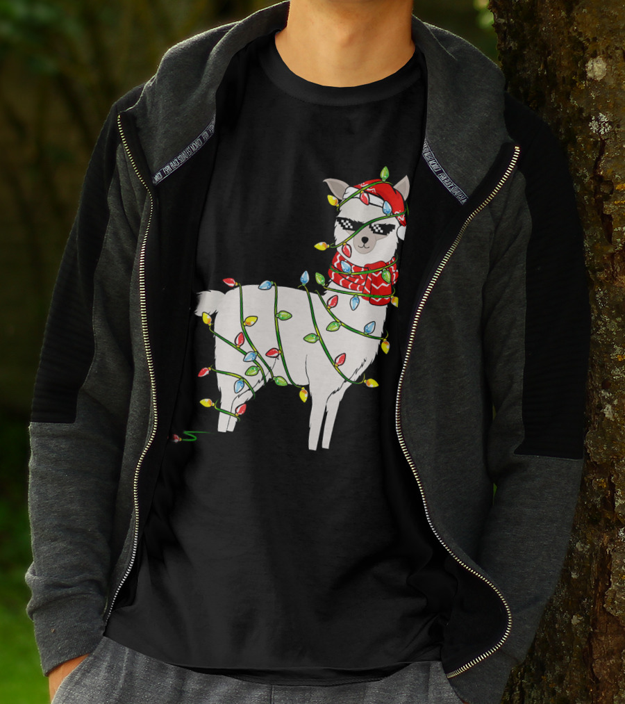 Llama Wrapped In Christmas Lights Wearing Santa Hat And Scarf T-Shirt
