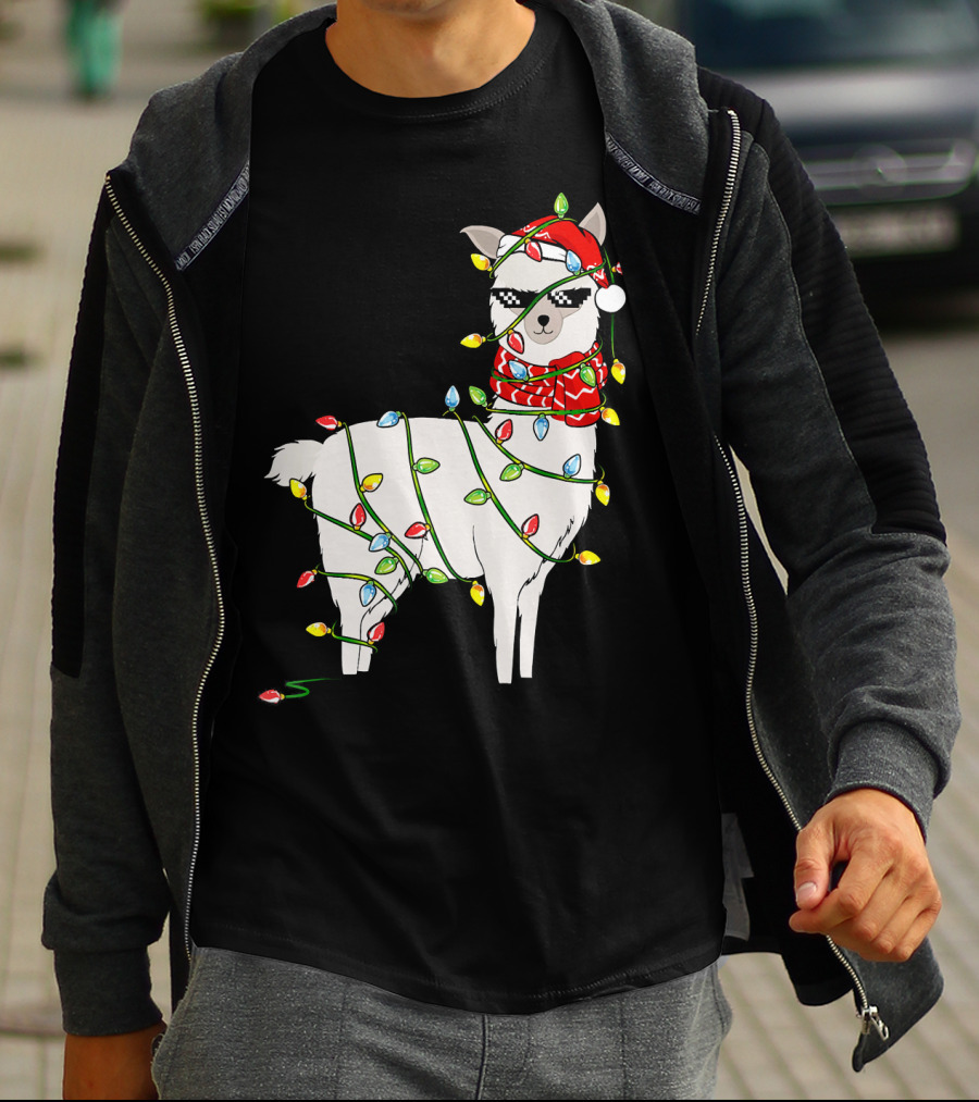 Llama Wrapped In Christmas Lights Wearing Santa Hat And Scarf T-Shirt