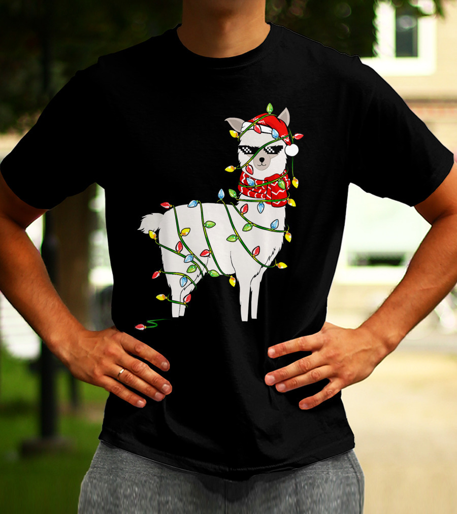 Llama Wrapped In Christmas Lights Wearing Santa Hat And Scarf T-Shirt