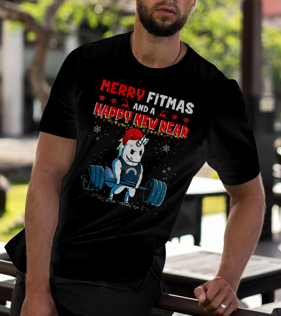 Merry Fitmas And A Happy New Rear Unicorn Weightlifting Santa Hat Snowflakes T-Shirt