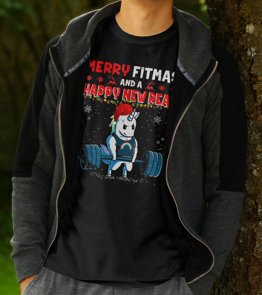 Merry Fitmas And A Happy New Rear Unicorn Weightlifting Santa Hat Snowflakes T-Shirt