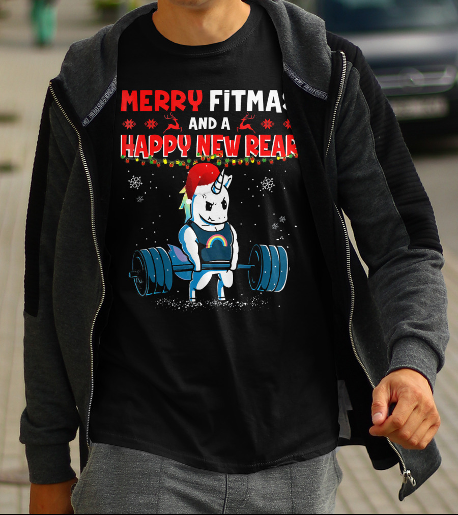 Merry Fitmas And A Happy New Rear Unicorn Weightlifting Santa Hat Snowflakes T-Shirt