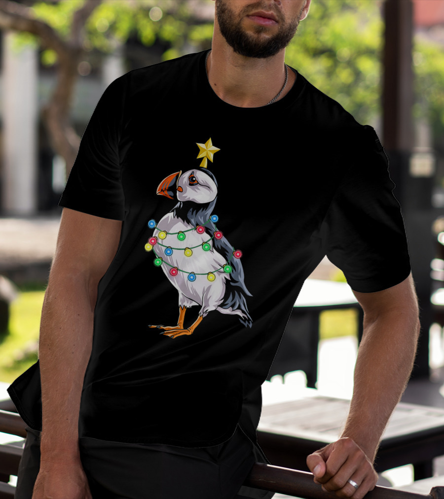 Puffin Bird Wrapped In Christmas Lights With Star T-Shirt
