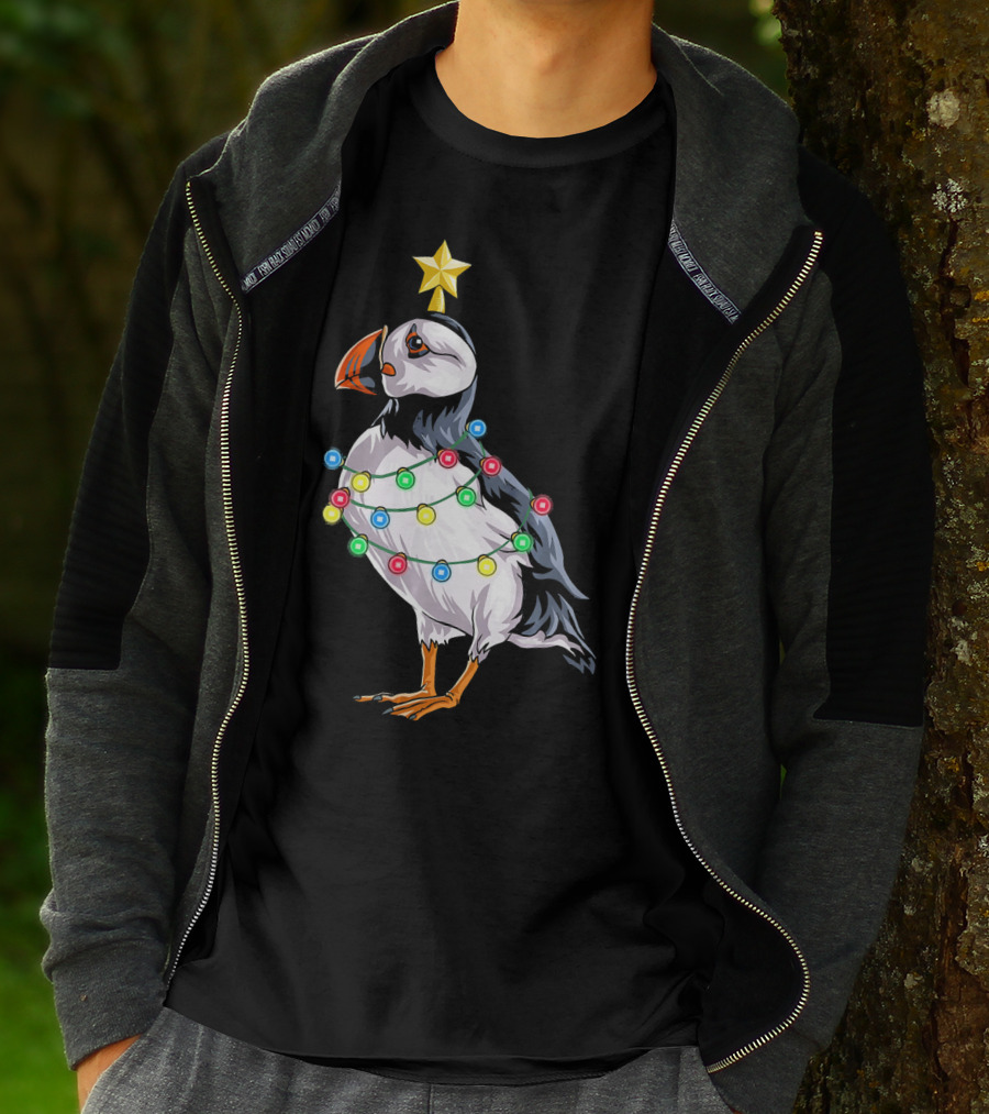 Puffin Bird Wrapped In Christmas Lights With Star T-Shirt