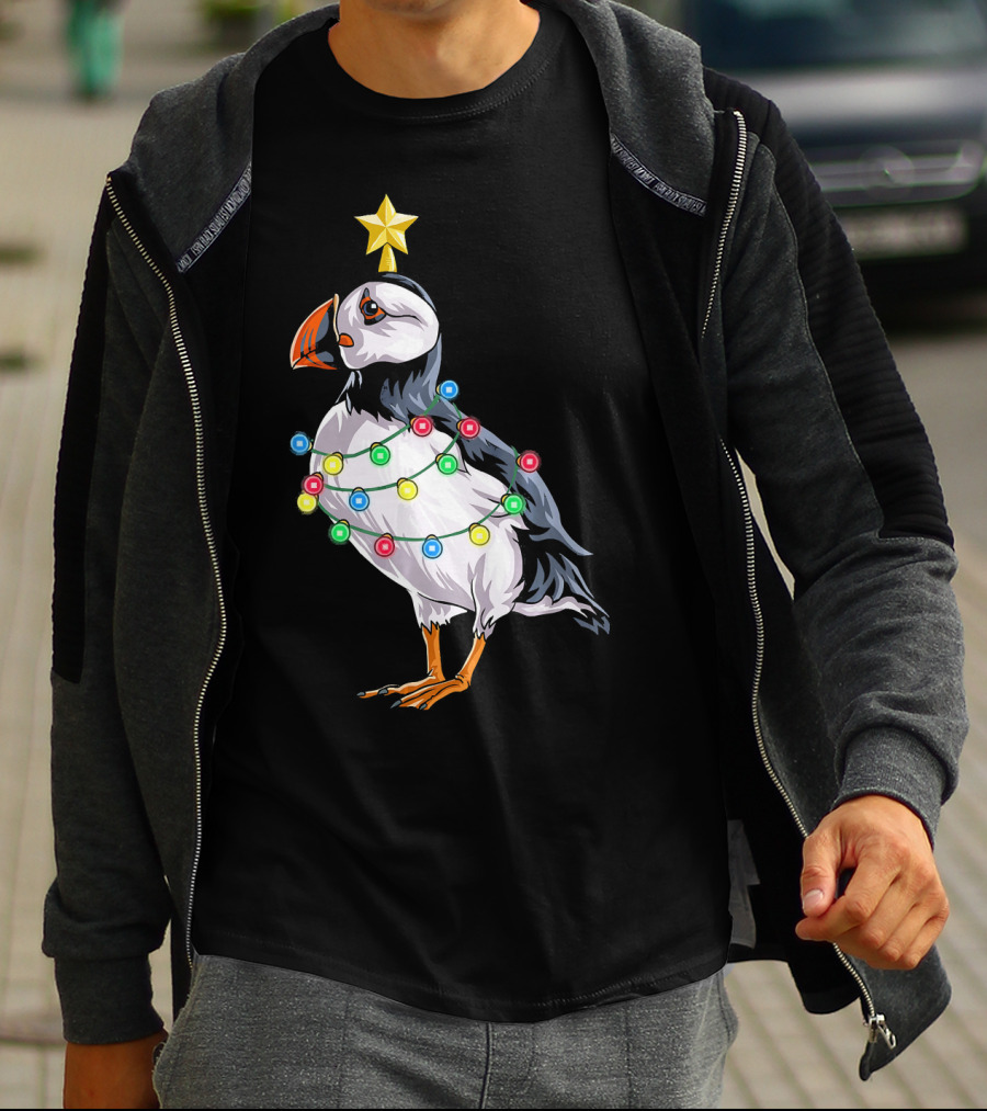 Puffin Bird Wrapped In Christmas Lights With Star T-Shirt