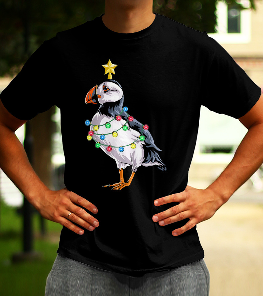 Puffin Bird Wrapped In Christmas Lights With Star T-Shirt