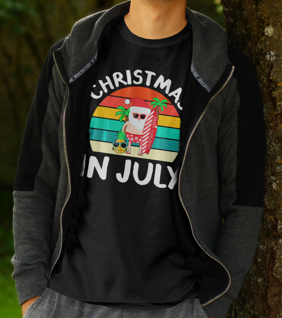Christmas In July Vintage Santa Tropical Surfboard Merry Christmas T-Shirt
