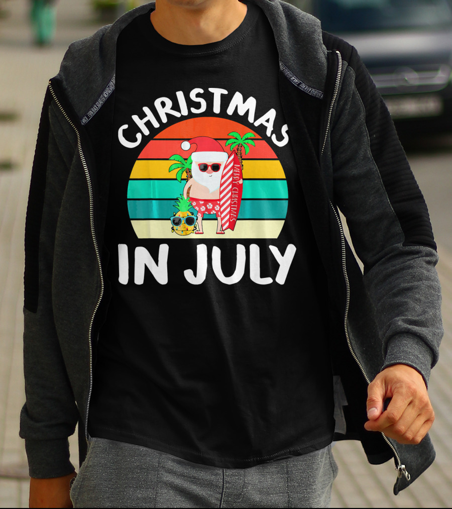 Christmas In July Vintage Santa Tropical Surfboard Merry Christmas T-Shirt