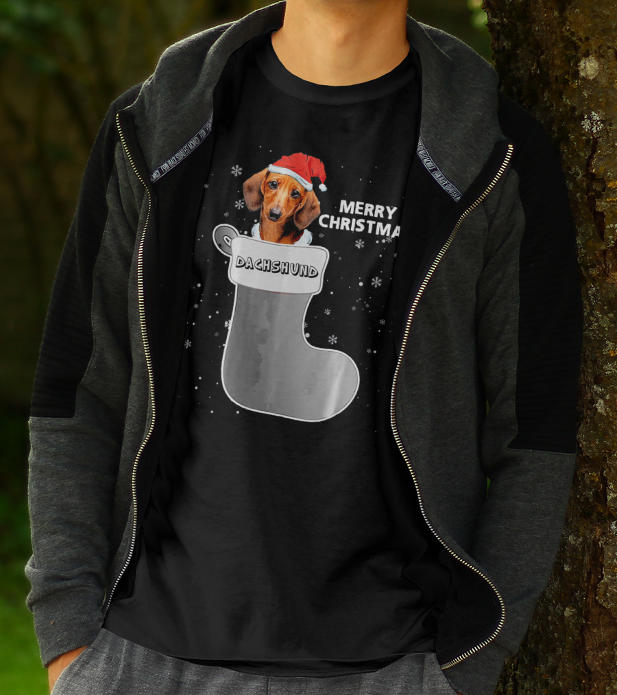Dachshund Merry Christmas Sock Santa Hat T-Shirt