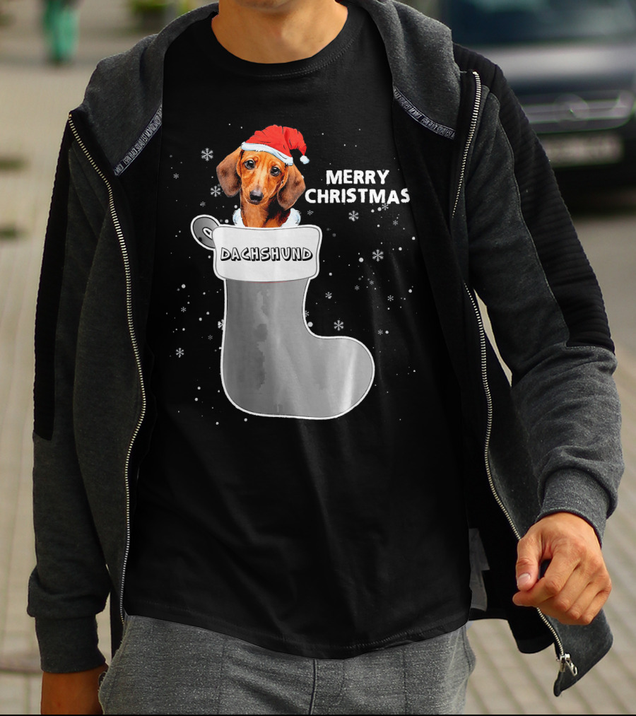 Dachshund Merry Christmas Sock Santa Hat T-Shirt