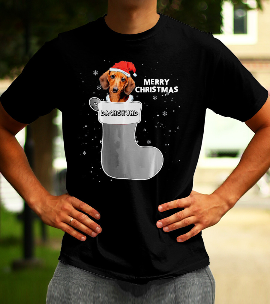 Dachshund Merry Christmas Sock Santa Hat T-Shirt