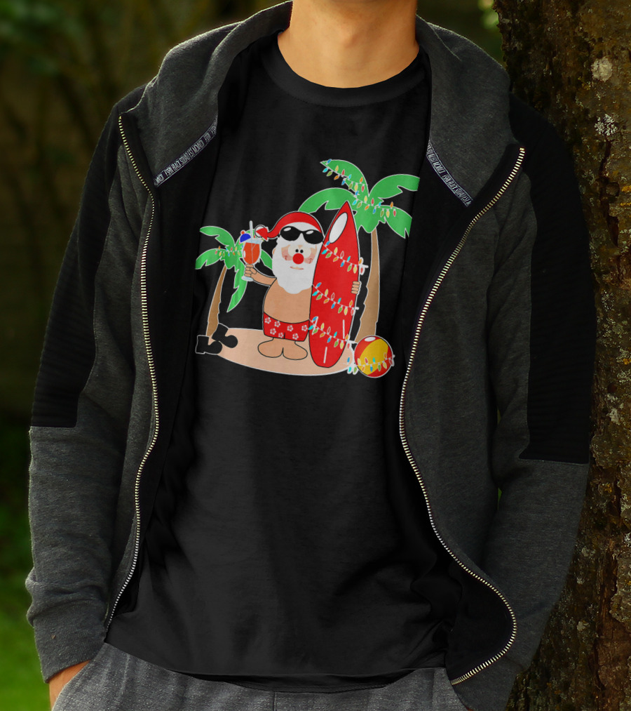 Santa Claus Surfing Hawaiian Summer Palm Trees And Lights T-Shirt