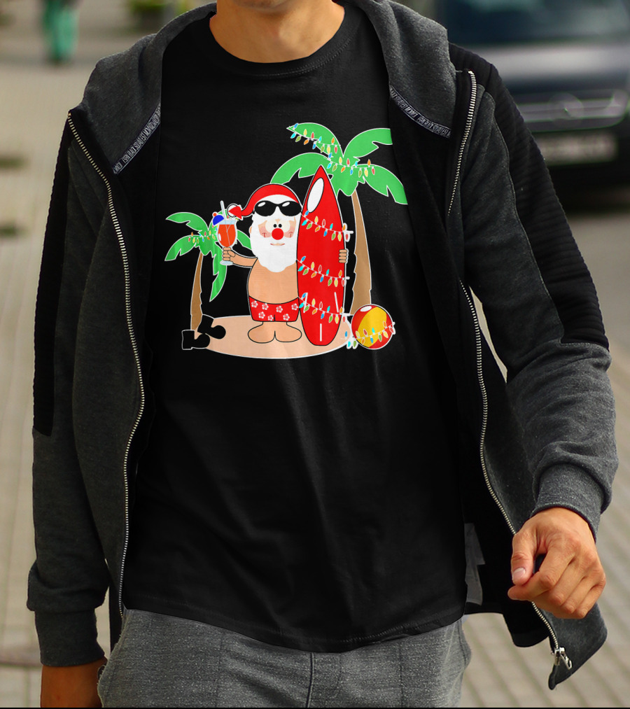 Santa Claus Surfing Hawaiian Summer Palm Trees And Lights T-Shirt