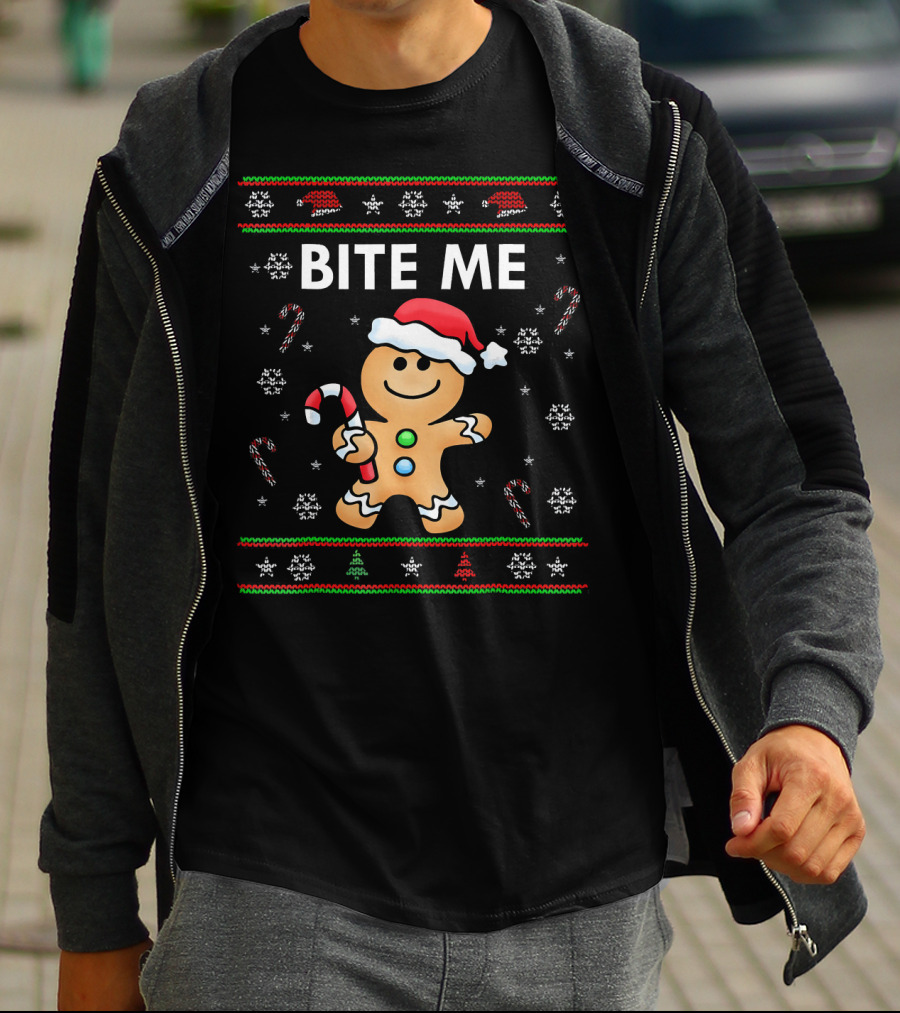 BITE ME Gingerbread Ugly Sweater Style With Santa Hat And Candy Cane T-Shirt